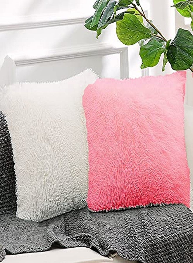 PICKKART Pack of 2 Square Shape Fur Throw Pillow Cushion - Home Sofa Decorative (White & Pink, 16 X 16)